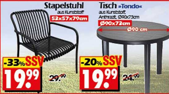 Stapelstuhl und Tisch "Tondo" aus Kunststoff