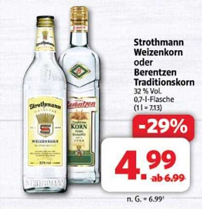 Strothmann Weizenkorn oder Berentzen Traditionskorn 32 % Vol. 0,7-l-Flasche