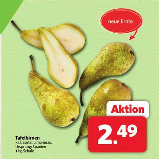 Tafelbirnen, Klasse I, Sorte: Limoneras, Herkunft: Spanien, 1 kg-Schale