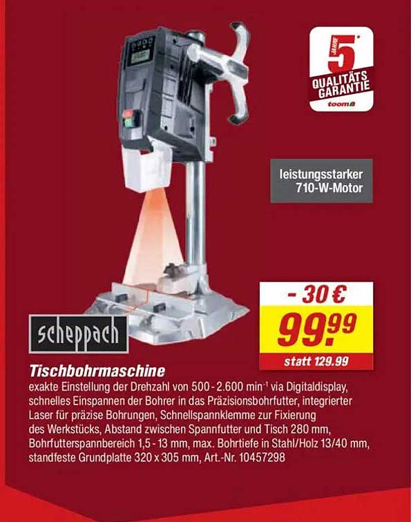 Tischbohrmaschine von Scheppach mit leistungsstarkem 710-W-Motor