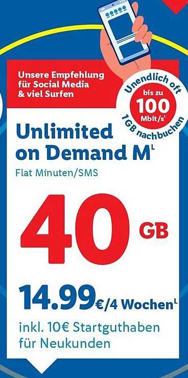 Unlimited on Demand M - 40 GB für nur 14,99 € alle 4 Wochen