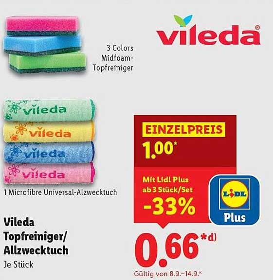 Vileda Topfreiniger/Allzwecktuch (3 Stück) zum Preis von 0,66 € - Gültig vom 08.09.2025 bis 13.09.2025
