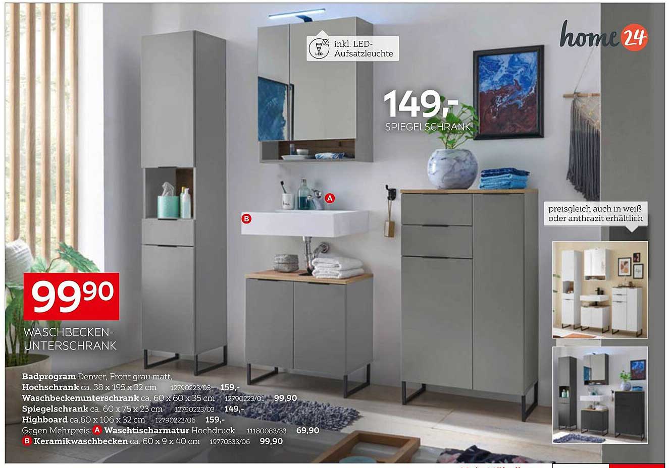 Waschbecken-Unterschrank Denver, Front grau matt