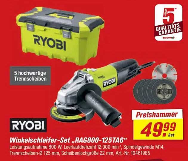 Winkelschleifer-Set „RAG800-125TA6“ von Ryobi