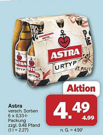 Astra verschieden. Sorten 6 x 0,33-l-Packung zzgl. 0.48 Pfand (1 l = 2.27)
