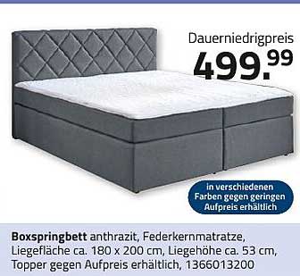 Boxspringbett anthrazit, Federkernmatratze, Liegefläche ca. 180 x 200 cm, Liegehöhe ca. 53 cm, Topper gegen Aufpreis erhältlich