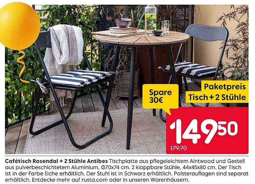 Cafétisch Rosendal + 2 Stühle Antibes