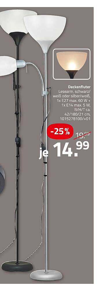 Deckenfluter Lesearm, schwarz/weiß oder silber/weiß, 1x E27 max. 60 W + 1x E14 max. 5 W, B/H/T ca. 42/180/21 cm, 1015278100/01