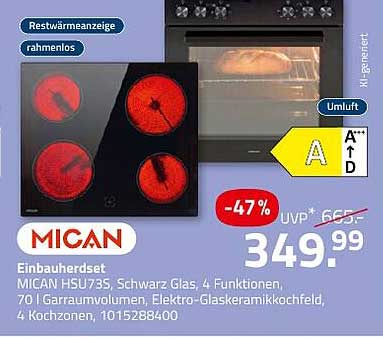 Einbauherdset MICAN HSU73S, Schwarz Glas, 4 Funktionen, 70 l Garraumvolumen, Elektro-Glaskeramikkochfeld, 4 Kochzonen, 1015288400