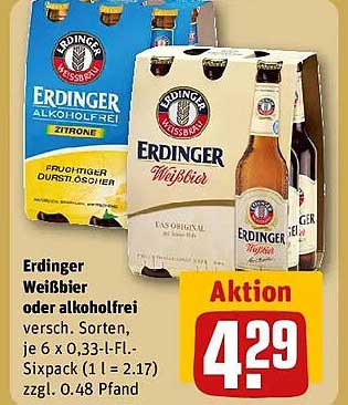 Erdinger Weißbier oder alkoholfrei versch. Sorten, je 6 x 0,33-l-Fl. Sixpack (1 l = 2.17) zzgl. 0.48 Pfand