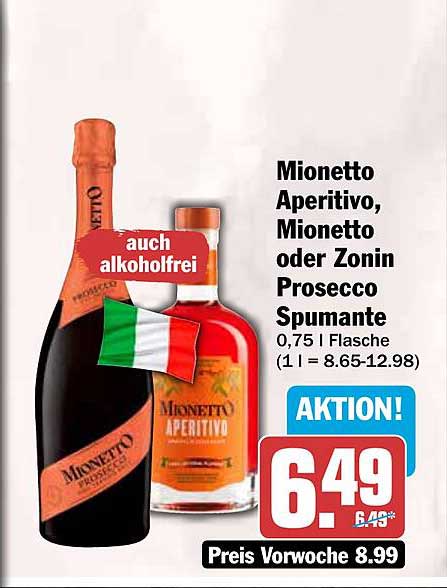 Mionetto Aperitivo, Mionetto oder Zonin Prosecco Spumante 0,75 l Flasche