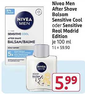 Nivea Men After Shave Balsam Sensitive Cool oder Sensitive Real Madrid Edition je 100 ml 1 l = 59,90