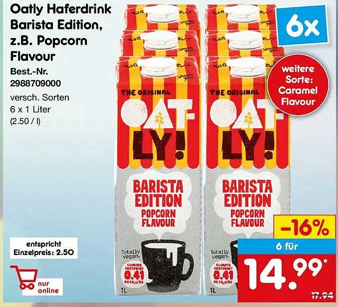 Oatly Haferdrink Barista Edition, z.B. Popcorn Flavour