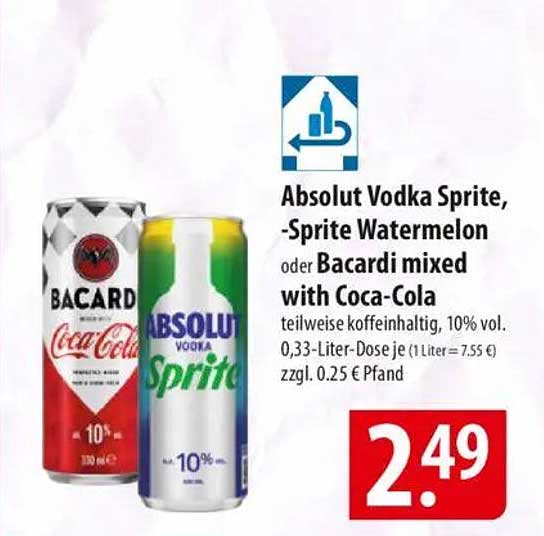 Absolut Vodka Sprite, -Sprite Watermelon oder Bacardi mixed with Coca-Cola