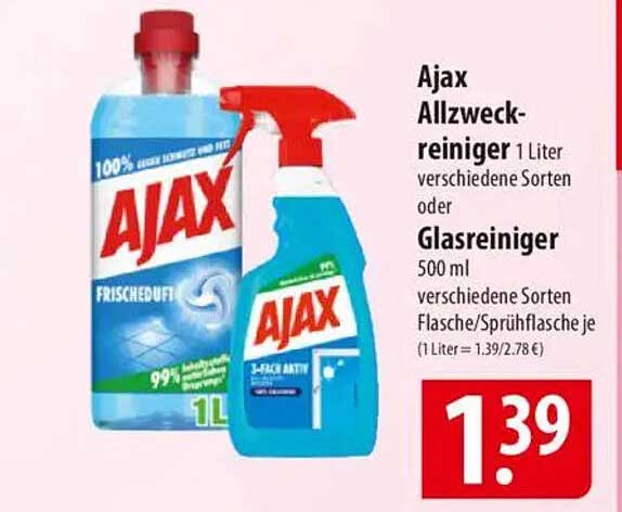 Ajax Allzweckreiniger 1 Liter oder Glasreiniger 500 ml