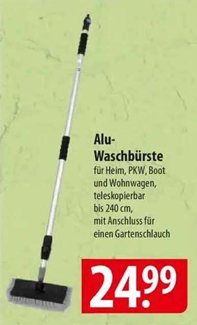 Alu-Waschbürste für Heim, PKW, Boot und Wohnwagen, teleskopierbar bis 240 cm, mit Anschluss für einen Gartenschlauch