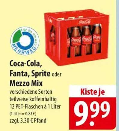 Coca-Cola, Fanta, Sprite oder Mezzo Mix – 12 PET-Flaschen à 1 Liter