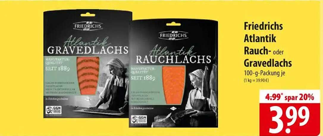 Friedrichs Atlantik Rauch- oder Gravedlachs 100-g-Packung je