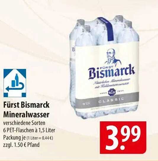 Fürst Bismarck Mineralwasser 6 PET-Flaschen à 1,5 Liter