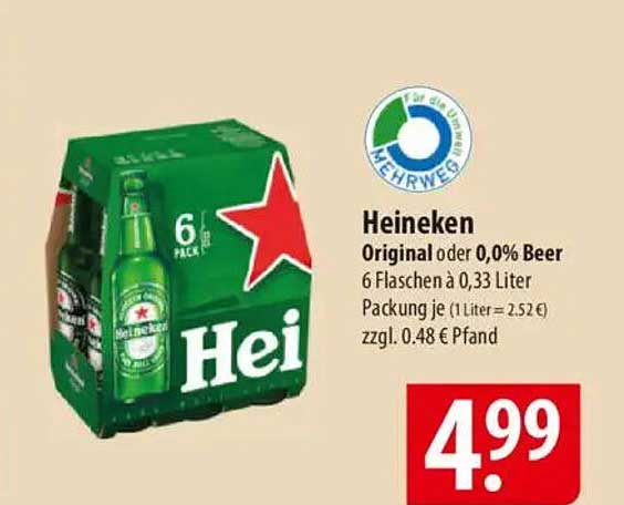 Heineken Original oder 0,0% Bier - 6 Flaschen à 0,33 Liter