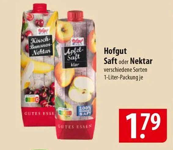 Hofgut Saft oder Nektar verschiedene Sorten 1-Liter-Packung je