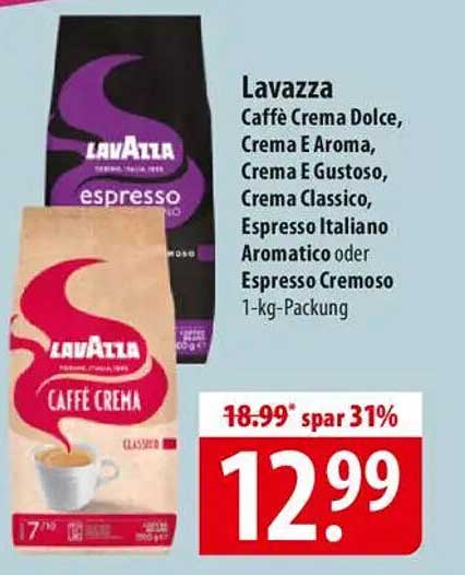 Lavazza Caffè Crema Dolce, Crema E Aroma, Crema E Gustoso, Crema Classico, Espresso Italiano Aromatico oder Espresso Cremoso 1-kg-Packung