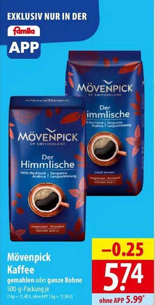 Mövenpick Kaffee, gemahlen oder ganze Bohne 500-g-Packung