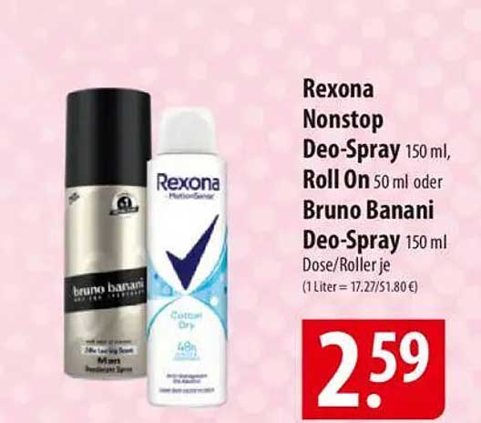Rexona Nonstop Deo-Spray 150 ml, Roll On 50 ml oder Bruno Banani Deo-Spray 150 ml