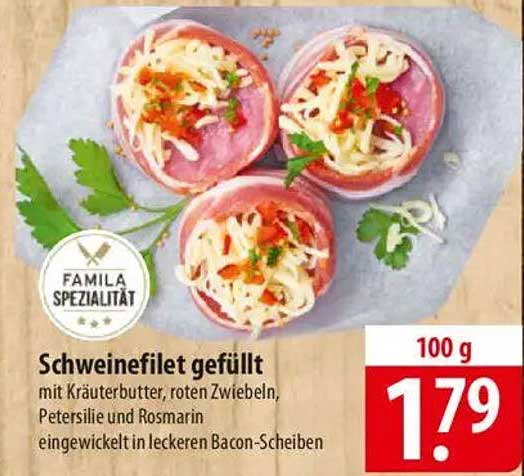 Schweinefilet gefüllt mit Kräuterbutter, roten Zwiebeln, Petersilie und Rosmarin, eingewickelt in leckeren Bacon-Scheiben