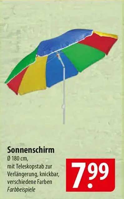 Sonnenschirm Ø 180 cm, mit Teleskopstab zur Verlängerung, knickbar, verschiedene Farben
