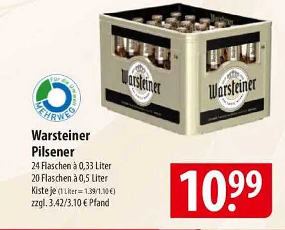 Warsteiner Pilsener 24 Flaschen à 0,33 Liter oder 20 Flaschen à 0,5 Liter