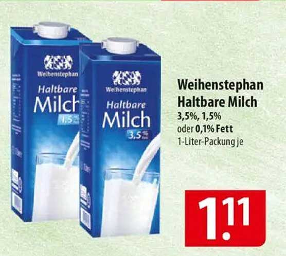 Weihenstephan Haltbare Milch 3,5%, 1,5% oder 0,1% Fett - 1-Liter-Packung je