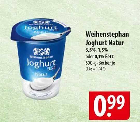 Weihenstephan Joghurt Natur 3,5%, 1,5% oder 0,1% Fett 500-g-Becher