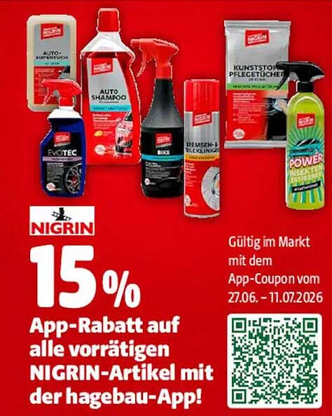 15% App-Rabatt auf alle vorrätigen NIGRIN-Artikel mit der hagebau-App!