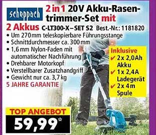 2 in 1 20V Akku-Rasen-trimmer-Set mit 2 Akkus C-LT300-X-SET S2 Best.-Nr.: 1181820
