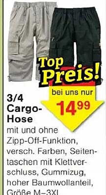 3/4 Cargo-Hose mit und ohne Zipp-Off-Funktion, versch. Farben, Seitentaschen mit Klettverschluss, Gummizug, hoher Baumwollanteil, Größe M–3XL
