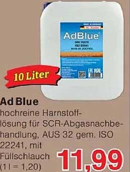 Ad Blue hochreine Harnstofflösung für SCR-Abgaskatalysierung, AUS 32 gem. ISO 22241, mit Füllschlauch