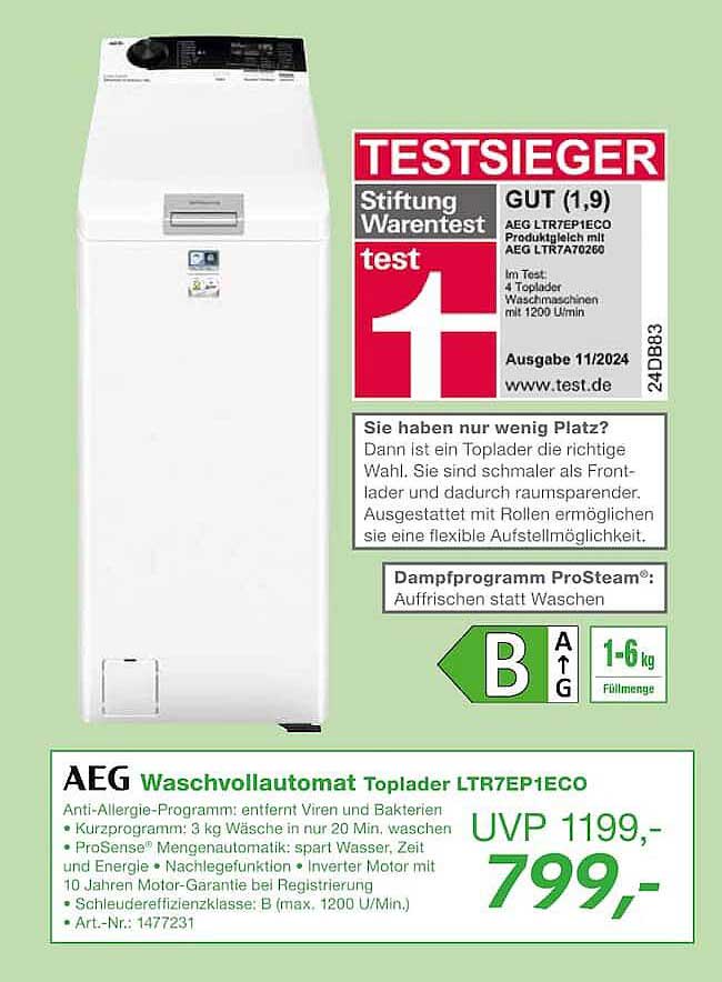 AEG Waschvollautomat Toplader LTR7EP1ECO