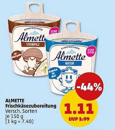 ALMETTE Frischkäsezubereitung Versch. Sorten je 150 g (1 kg = 7.40)