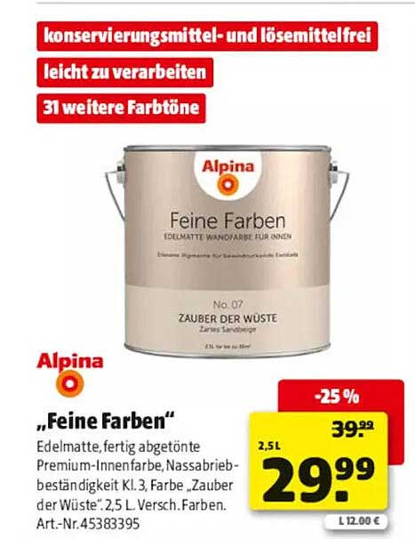 Alpina „Feine Farben“ Edelmatte, fertig abgetönte Premium-Innenfarbe, Nassabrieb-beständigkeit Kl. 3, Farbe „Zauber der Wüste“, 2,5L Versch. Farben. Art.-Nr.4583395