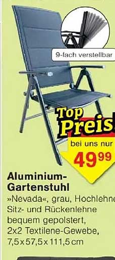 Aluminium-Gartenstuhl »Nevada«, grau, Hochlehne, Sitz- und Rückenlehne bequem gepolstert, 2x2 Textilene-Gewebe, 7,5x57,5x111,5 cm
