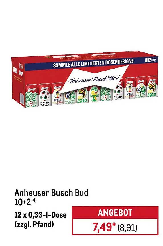 Anheuser Busch Bud 10+2⁴ 12 x 0,33-l-Dose (zzgl. Pfand)