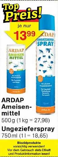 ARDAP Ameisenmittel 500 g (1 kg = 27,98) Ungeziefer-Spray 750 ml (1 l = 18,65)