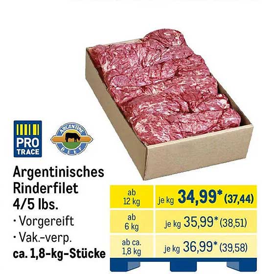 Argentinisches Rinderfilet 4/5 lbs. • Vorgereift • Vak.-verp. ca. 1,8-kg-Stücke