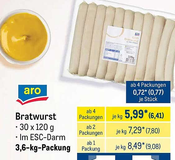 aro Bratwurst · 30 x 120 g · Im ESC-Darm · 3,6-kg-Packung
