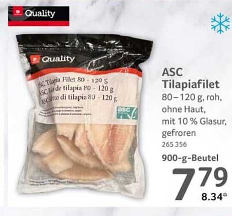 ASC Tilapiafilet 80–120 g, roh, ohne Haut, mit 10 % Glasur, gefroren