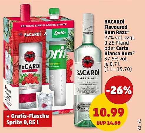 BACARDI Flavoured Rum Razz* 27% vol, zzgl. 0.25 Pfand oder Carta Blanca* 37,5% vol, je 0,7 l (1 l = 15.70)