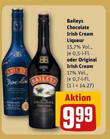 Baileys Chocolate Irish Cream Liqueur 15,7% Vol., je 0,5-l-Fl. oder Original Irish Cream 17% Vol., je 0,7-l-Fl. (1 L = 14.27)