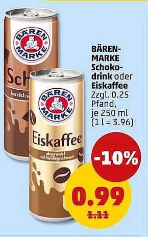BÄREN-MARKE Schoko-drink oder Eiskaffee Zzgl. 0,25 Pfand je 250 ml (1 l = 3,96)