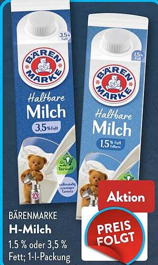 BÄRENMARKE H-Milch 1,5 % oder 3,5 % Fett; 1-L-Packung